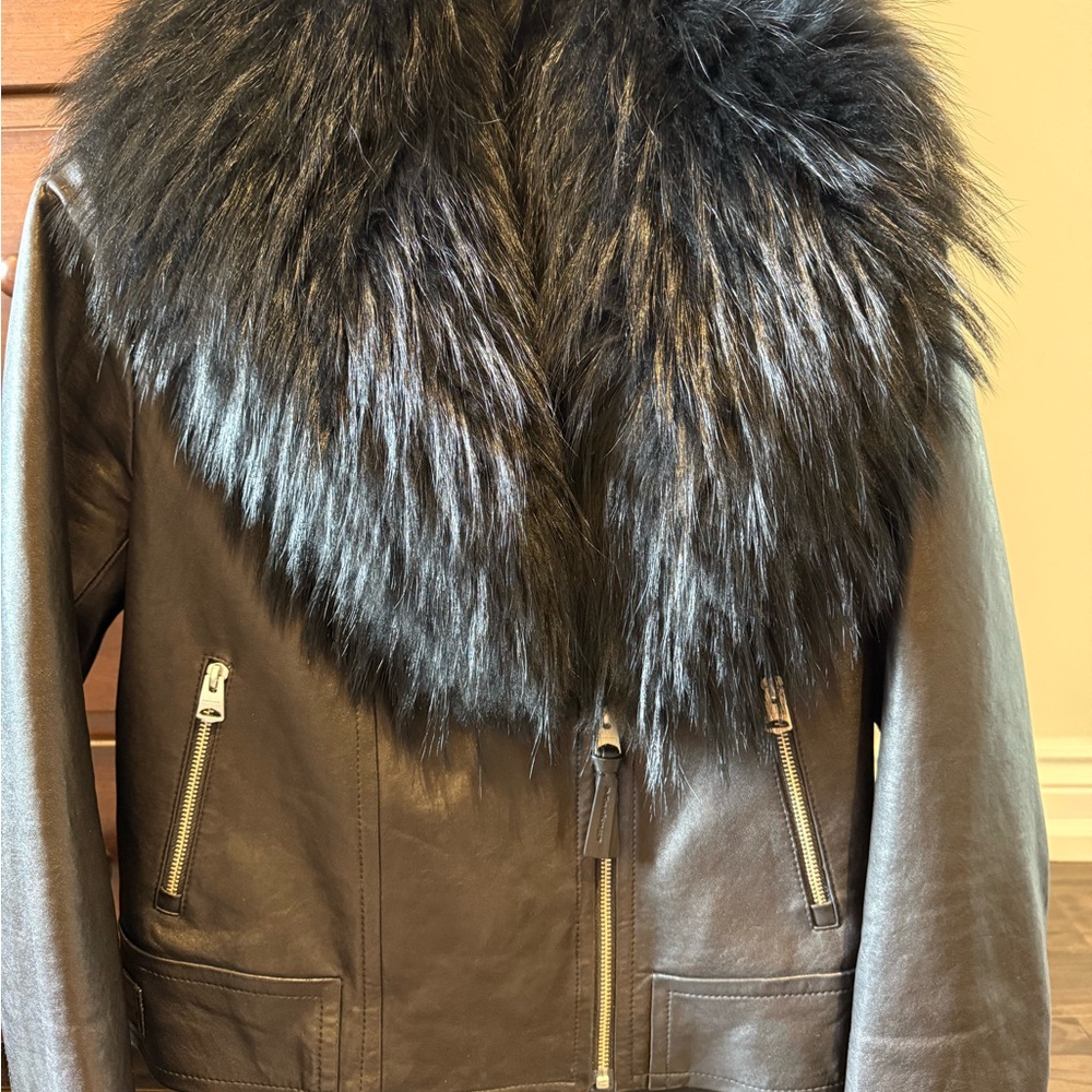 Mackage Black Leather Jacket with Faux Fur Collar and light down lining